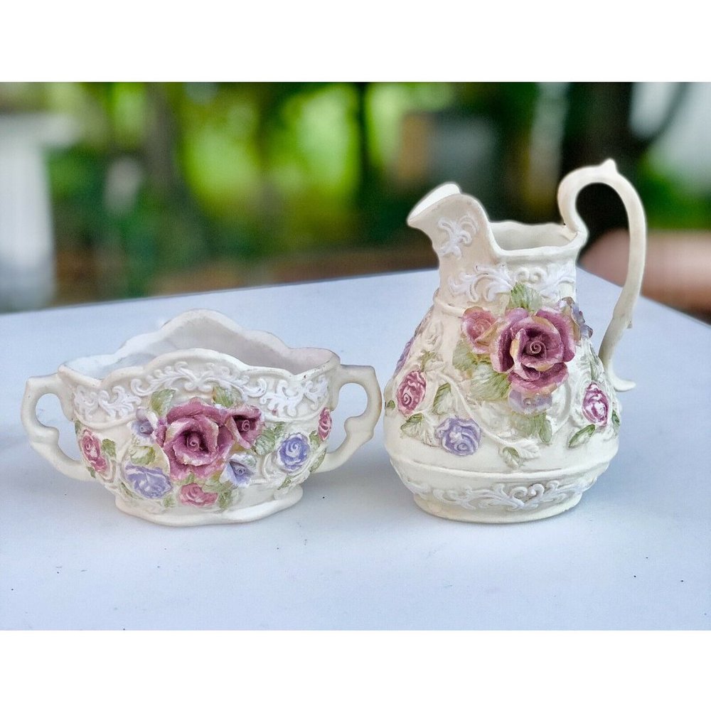 Ceramic Open Sugar Bowl and Creamer‎ With Embossed Roses